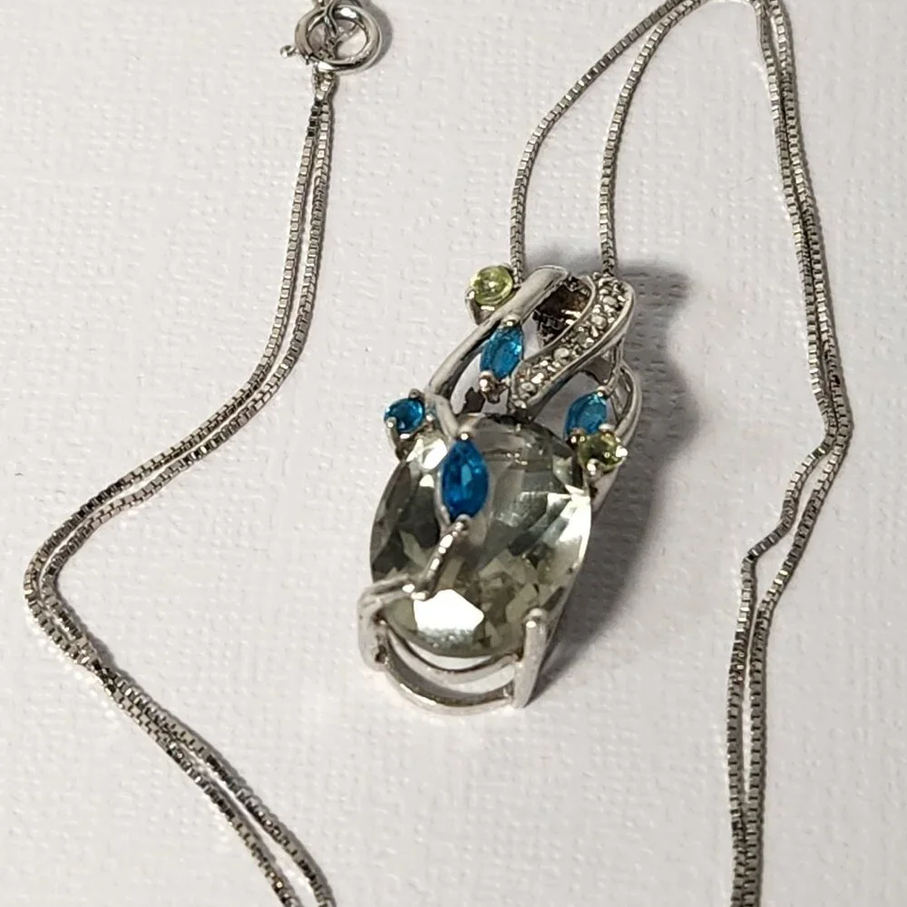 VTG 925 Natural Prasolite / Green Amethyst w/ Neon Apatite & Peridot Pendant 18" - Picture 7 of 11